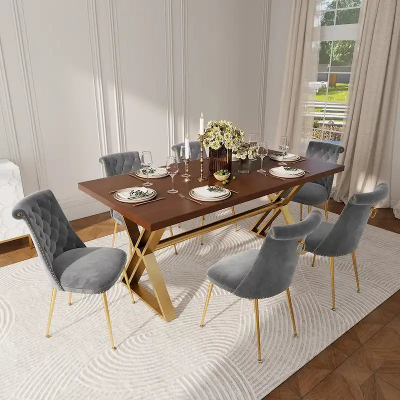 Table à manger en bois de noyer avec chaise en velours