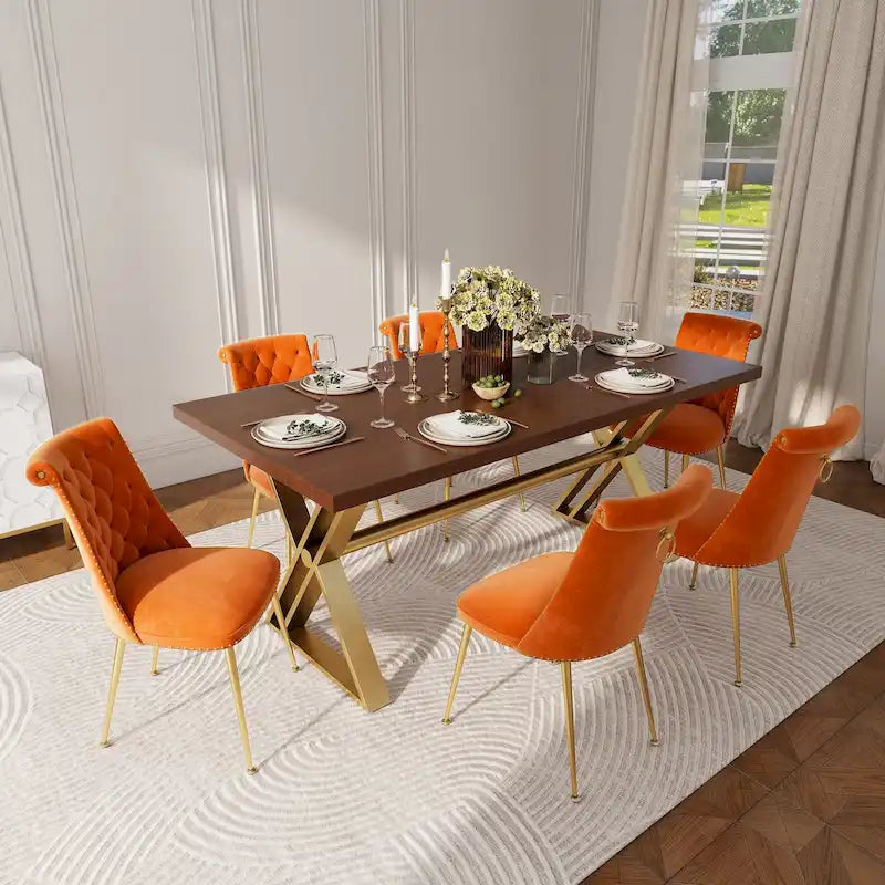 Table à manger en bois de noyer avec chaise en velours