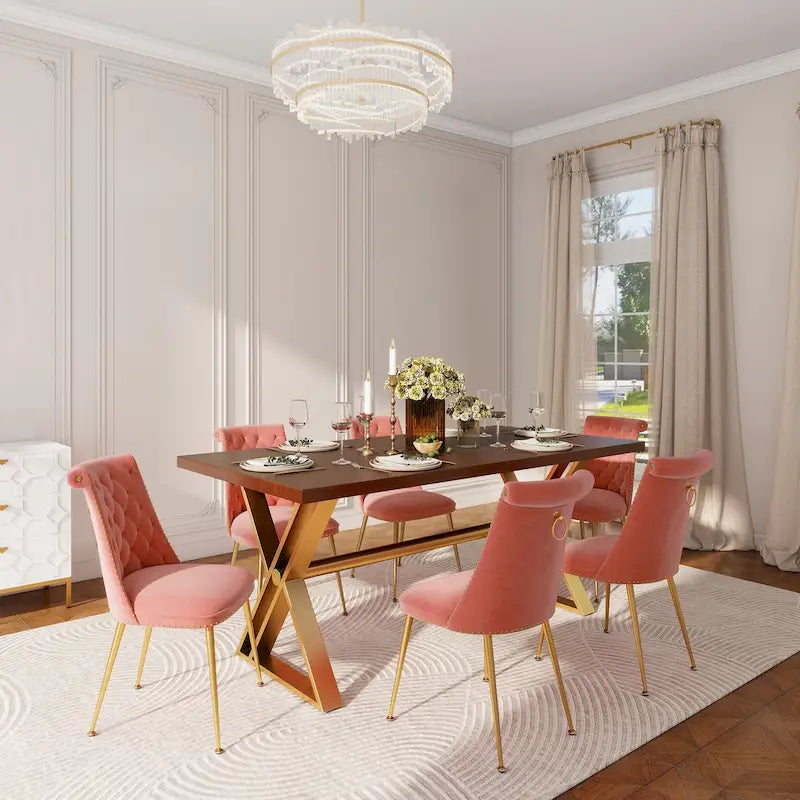 Table à manger en bois de noyer avec chaise en velours