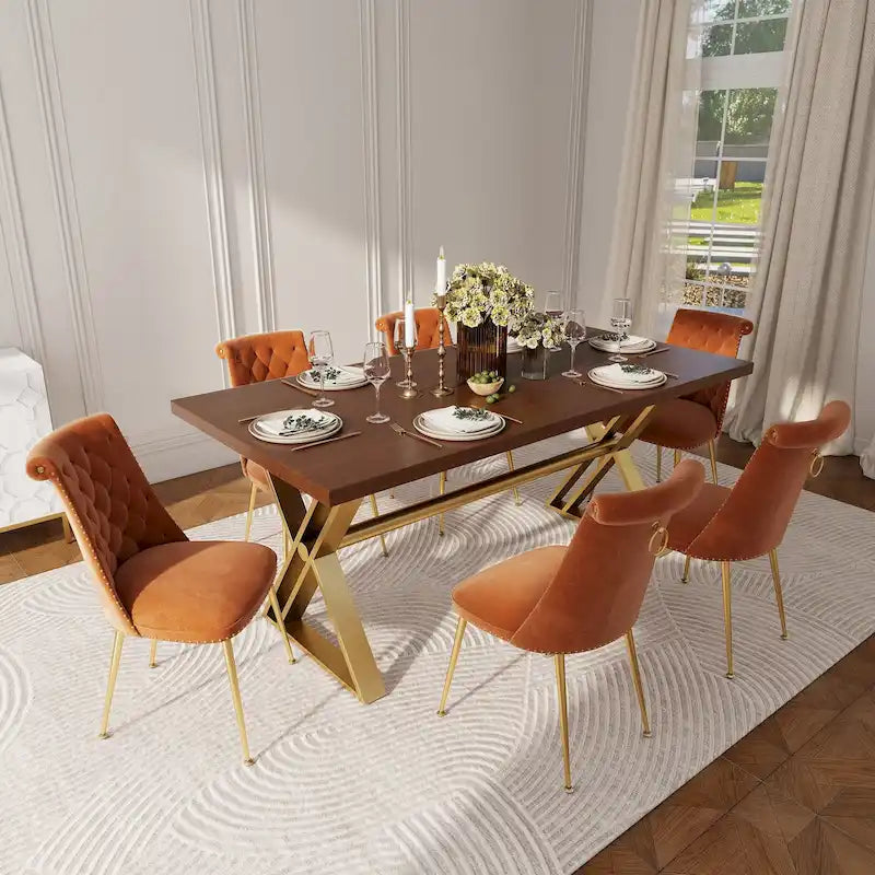 Table à manger en bois de noyer avec chaise en velours