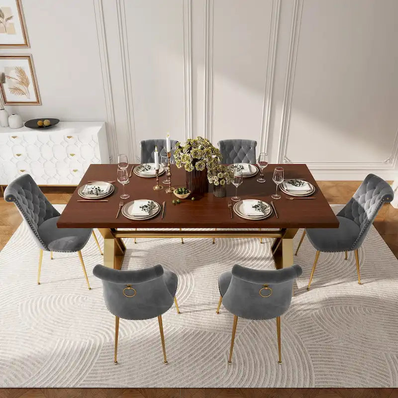 Table à manger en bois de noyer avec chaise en velours