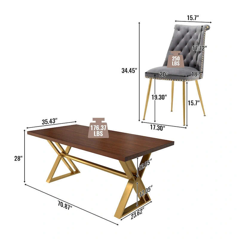 Table à manger en bois de noyer avec chaise en velours