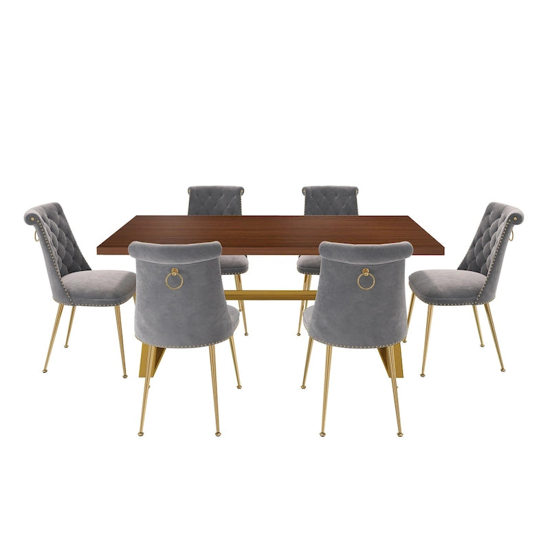Table à manger en bois de noyer avec chaise en velours