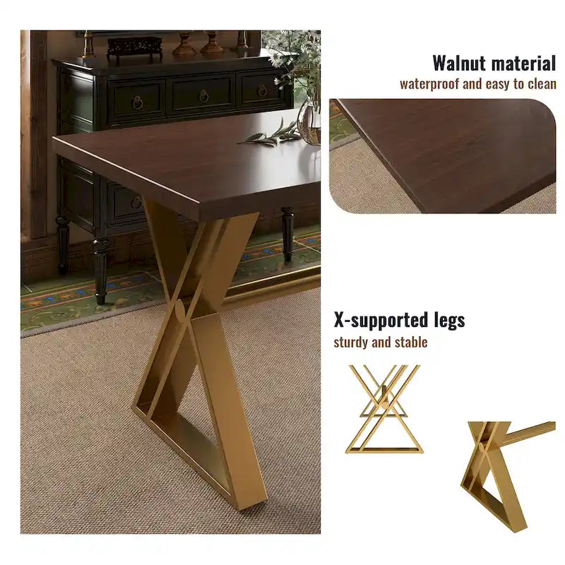 Table à manger en bois de noyer avec chaise en velours