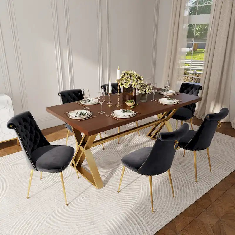 Table à manger en bois de noyer avec chaise en velours