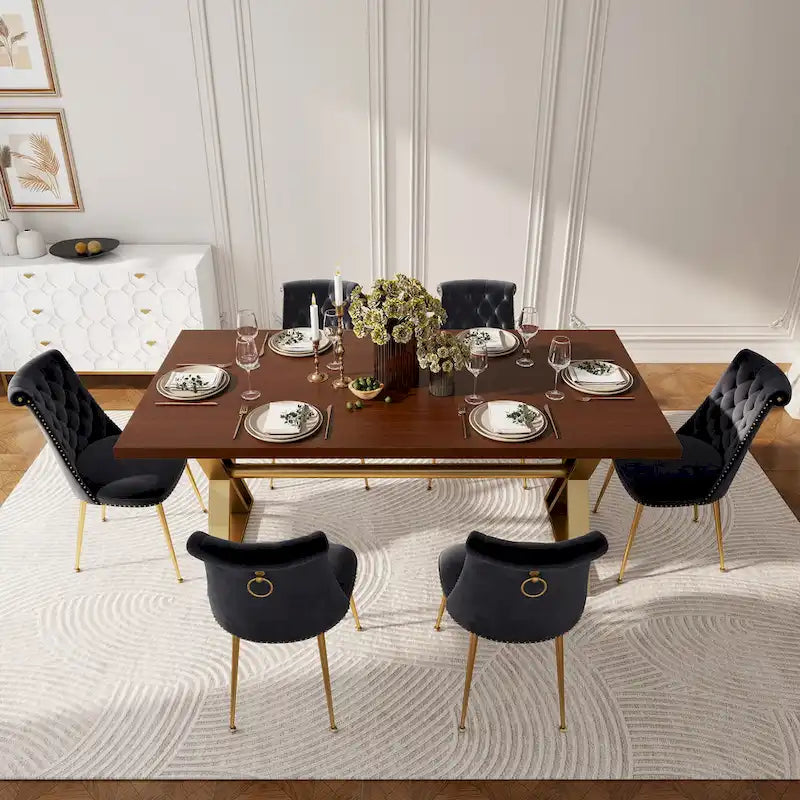 Table à manger en bois de noyer avec chaise en velours
