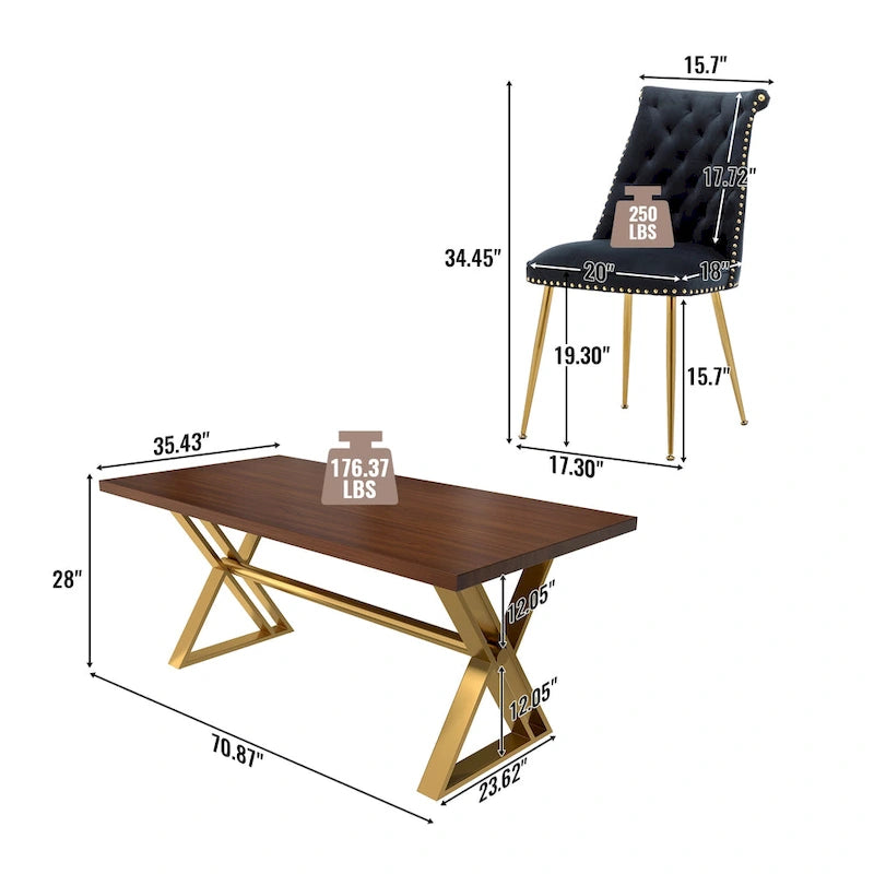 Table à manger en bois de noyer avec chaise en velours
