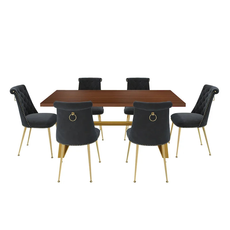 Table à manger en bois de noyer avec chaise en velours