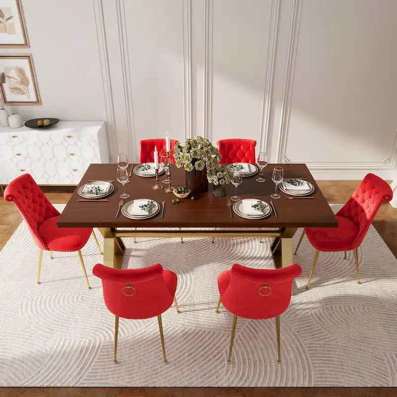 Table à manger en bois de noyer avec chaise en velours