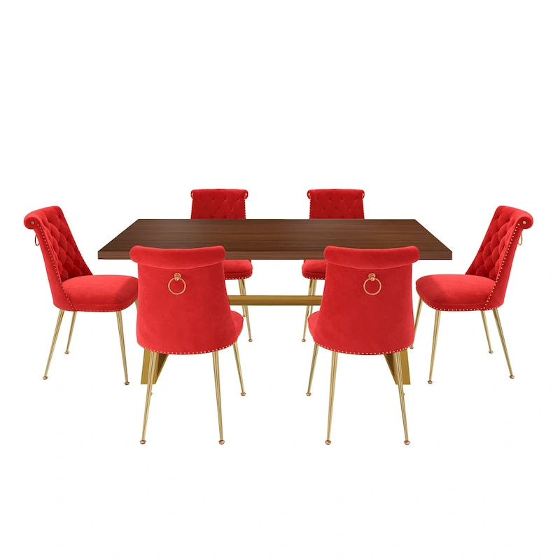 Table à manger en bois de noyer avec chaise en velours