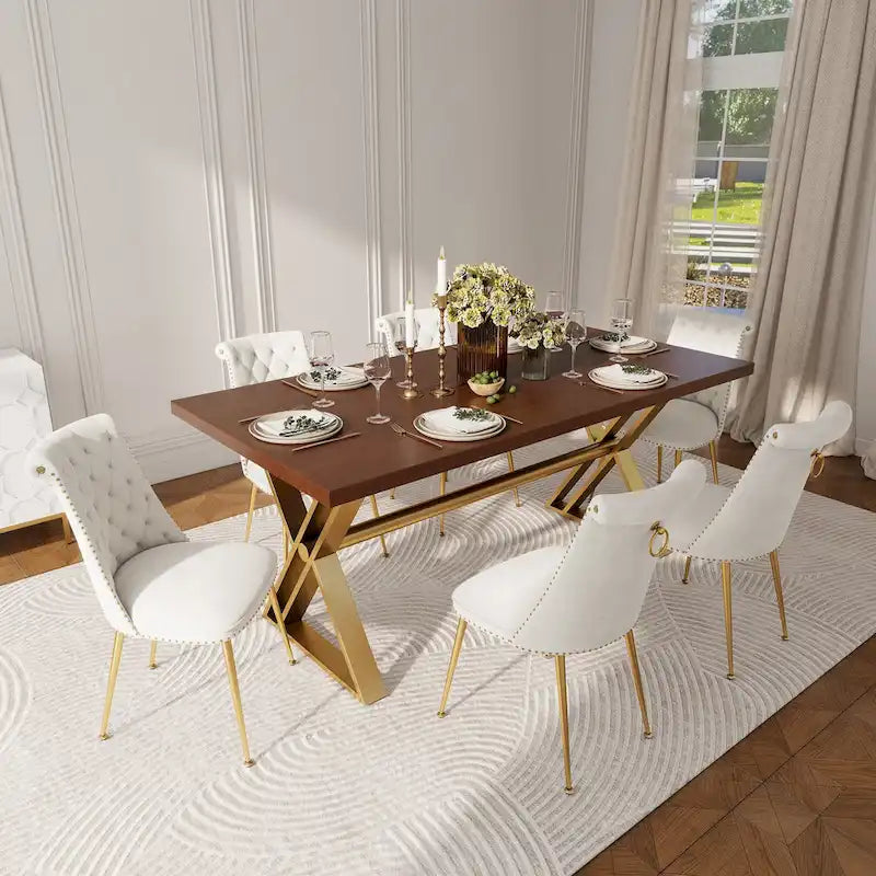 Table à manger en bois de noyer avec chaise en velours