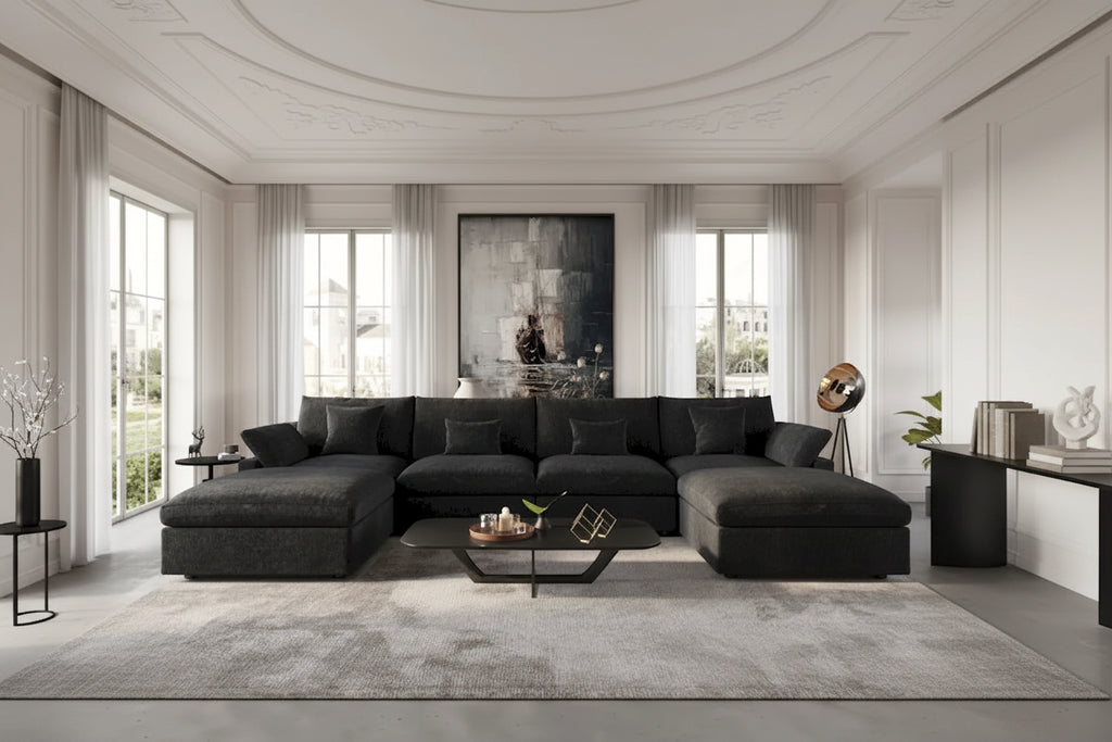 Canapé d'angle surdimensionné en duvet Black Commix avec ottoman