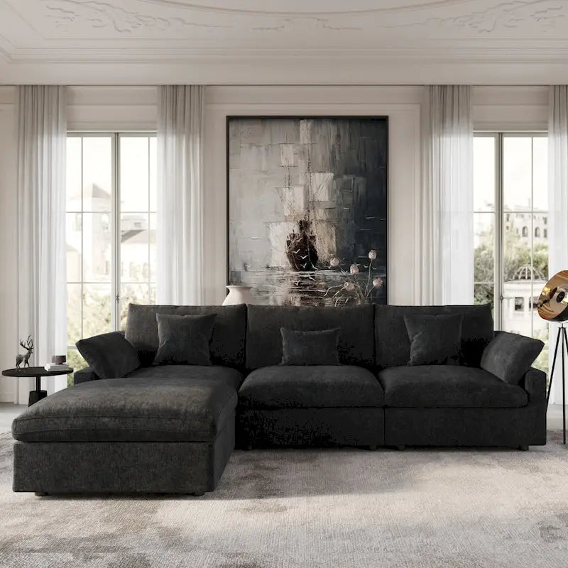 Canapé d'angle surdimensionné en duvet Black Commix avec ottoman