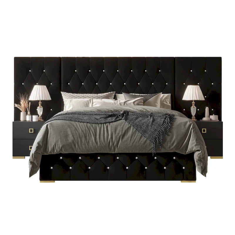 Tables de chevet de chambre à coucher Lit plateforme capitonné en velours luxueux
