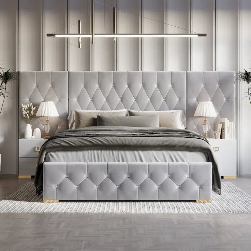  3 Piece Bedroom Nightstands Set Luxurious Velvet Tufted Platform Bed