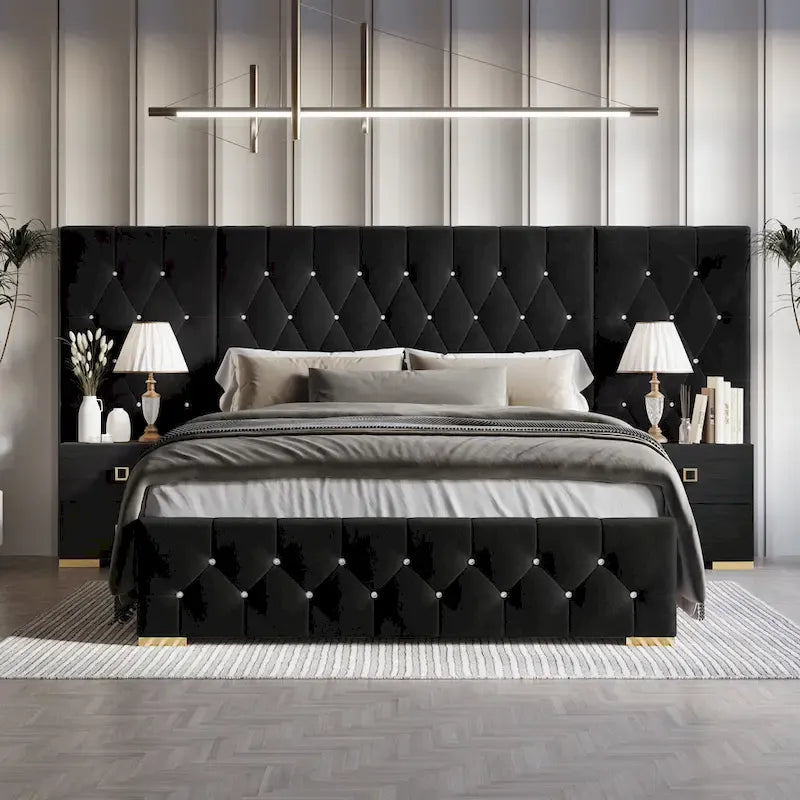 Tables de chevet de chambre à coucher Lit plateforme capitonné en velours luxueux