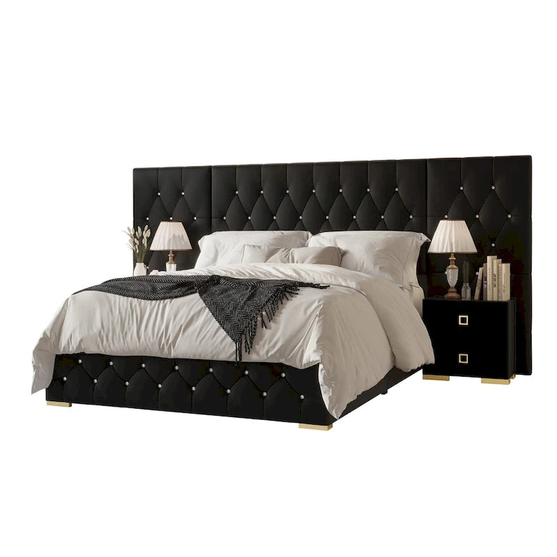 Tables de chevet de chambre à coucher Lit plateforme capitonné en velours luxueux