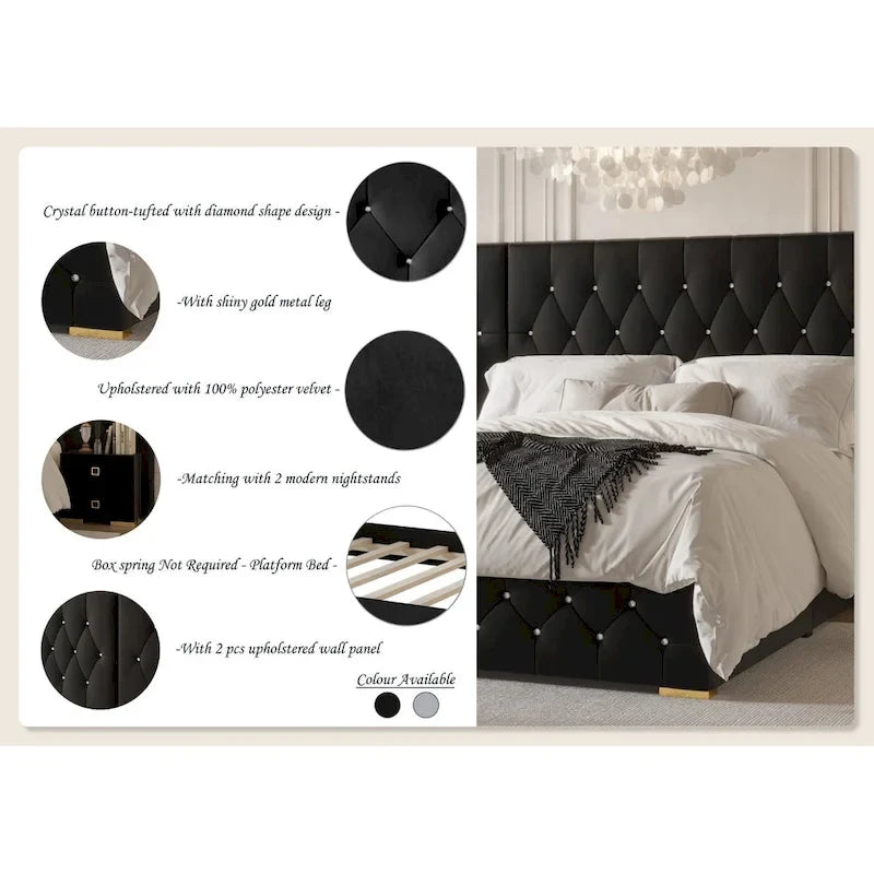 Tables de chevet de chambre à coucher Lit plateforme capitonné en velours luxueux