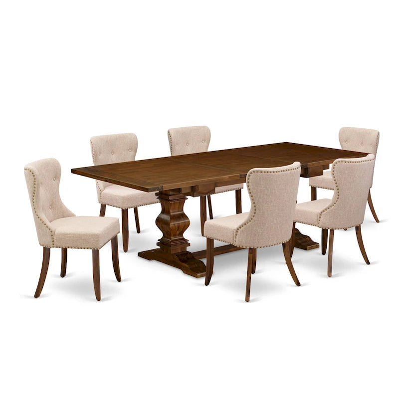 Table à manger - Table à manger rectangulaire et chaises en tissu de lin couleur beige clair