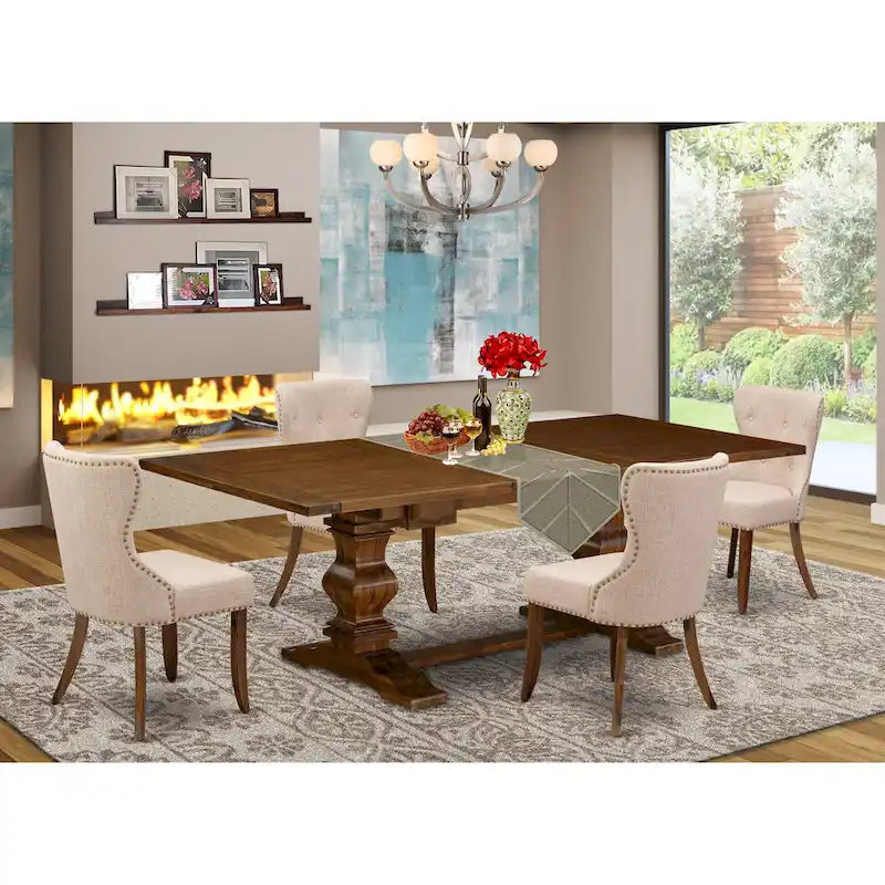 Table à manger - Table à manger rectangulaire et chaises en tissu de lin couleur beige clair