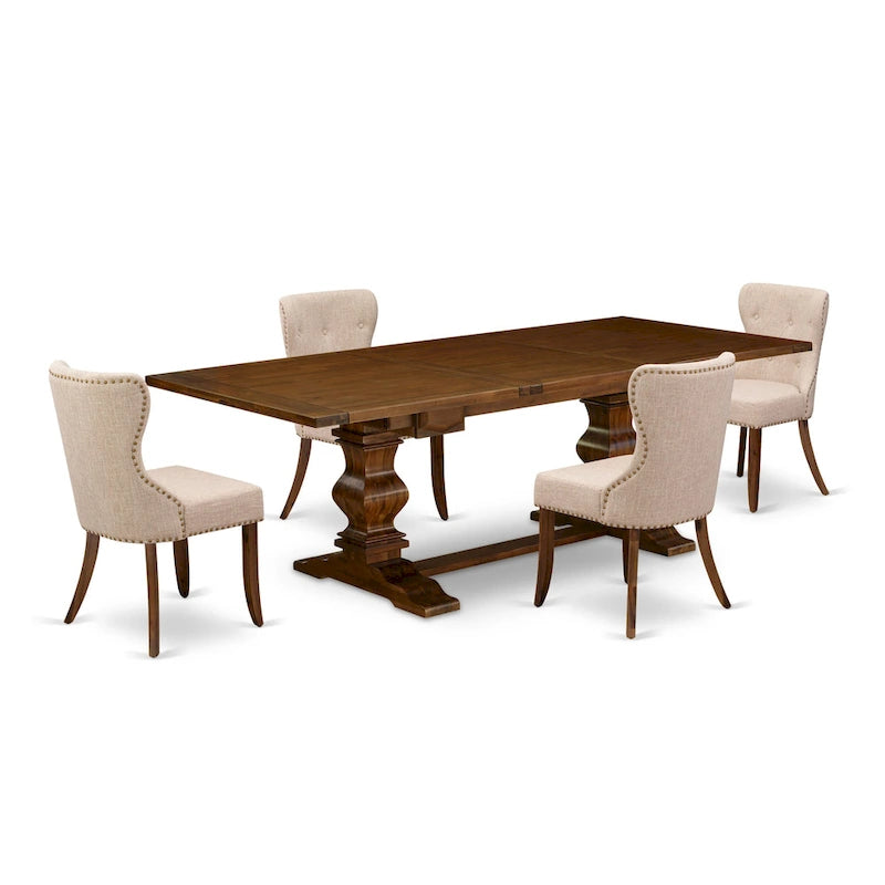 Table à manger - Table à manger rectangulaire et chaises en tissu de lin couleur beige clair