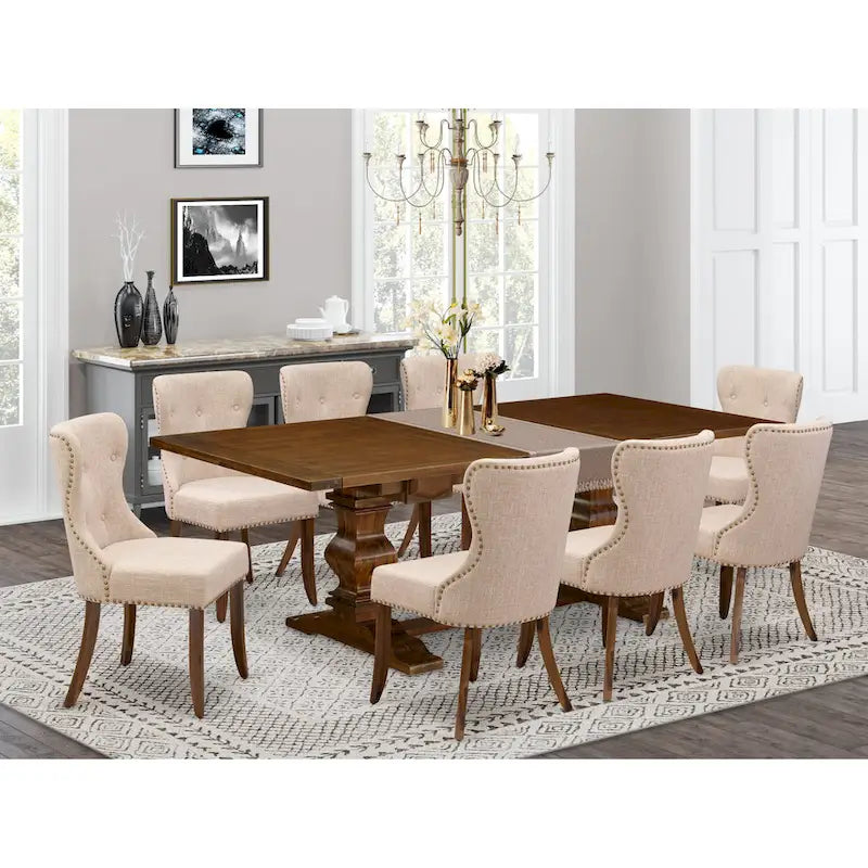 Table à manger - Table à manger rectangulaire et chaises en tissu de lin couleur beige clair