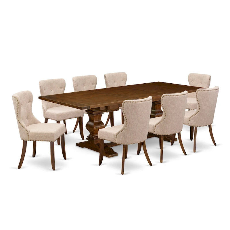 Table à manger - Table à manger rectangulaire et chaises en tissu de lin couleur beige clair