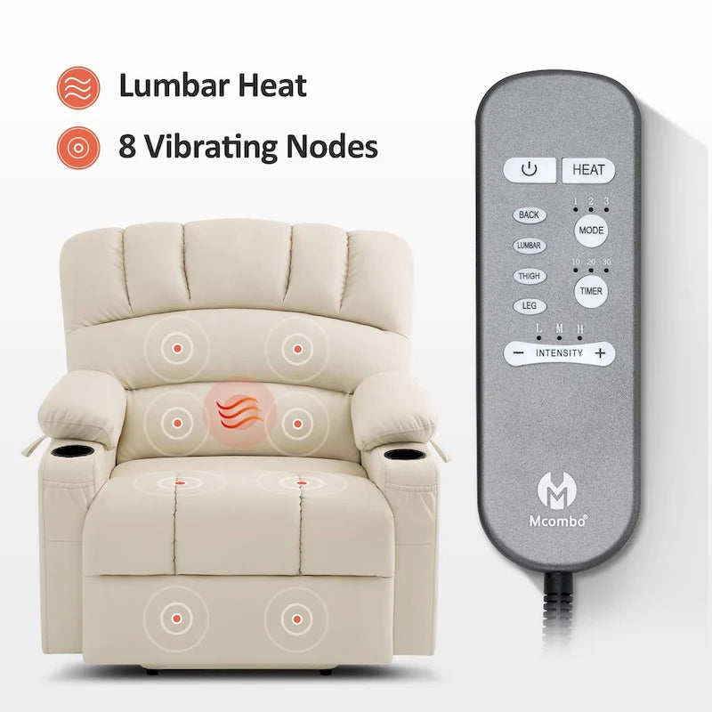 Fauteuil inclinable releveur électrique avec massage et chauffage, similicuir (largeur moyenne)
