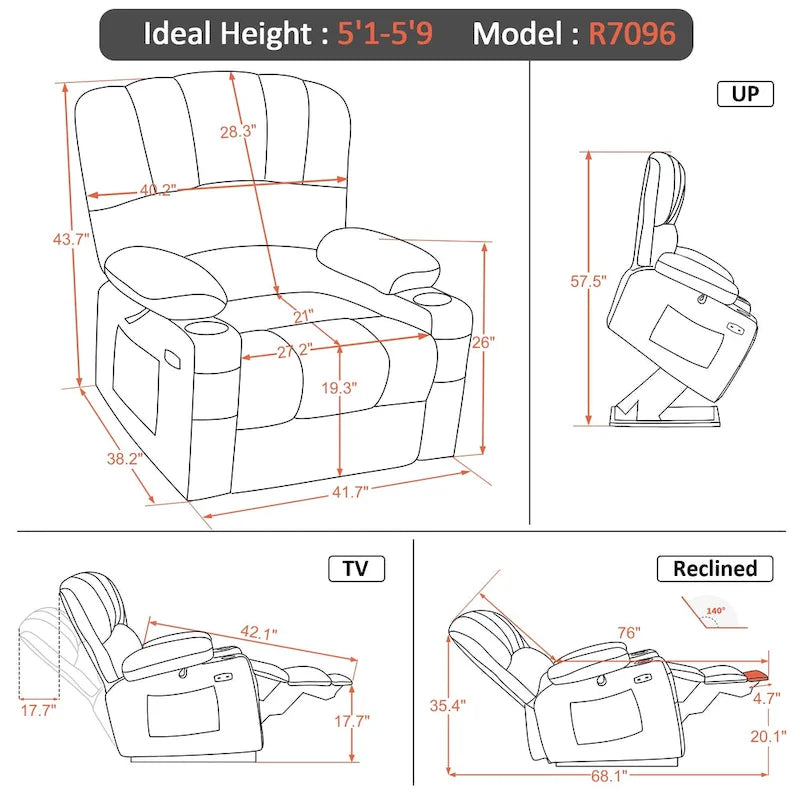 Fauteuil inclinable releveur électrique avec massage et chauffage, similicuir (largeur moyenne)