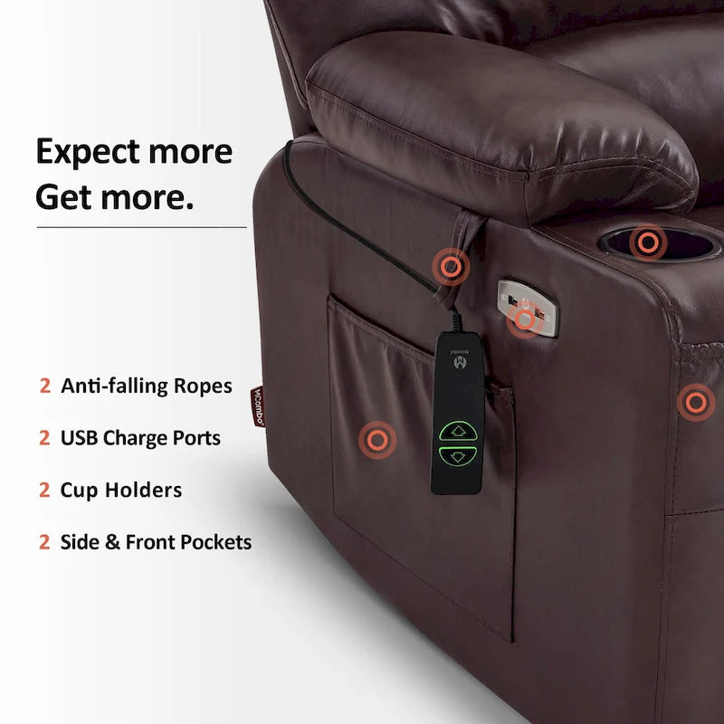 Fauteuil inclinable releveur électrique avec massage et chauffage, similicuir (largeur moyenne)