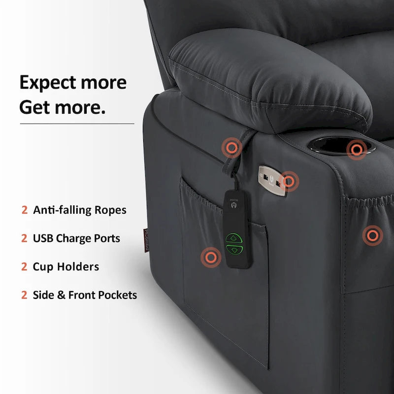 Fauteuil inclinable releveur électrique avec massage et chauffage, similicuir (largeur moyenne)