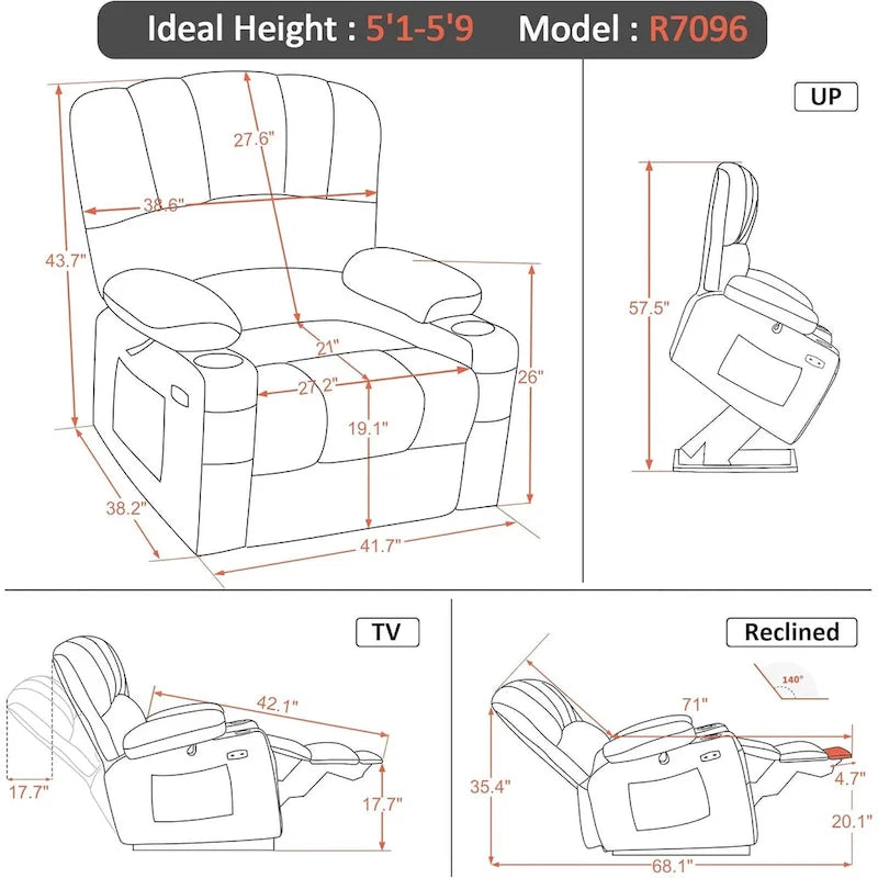 Fauteuil inclinable releveur électrique avec massage et chauffage, similicuir (largeur moyenne)