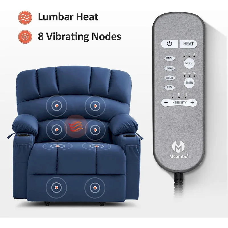 Fauteuil inclinable releveur électrique avec massage et chauffage, similicuir (largeur moyenne)