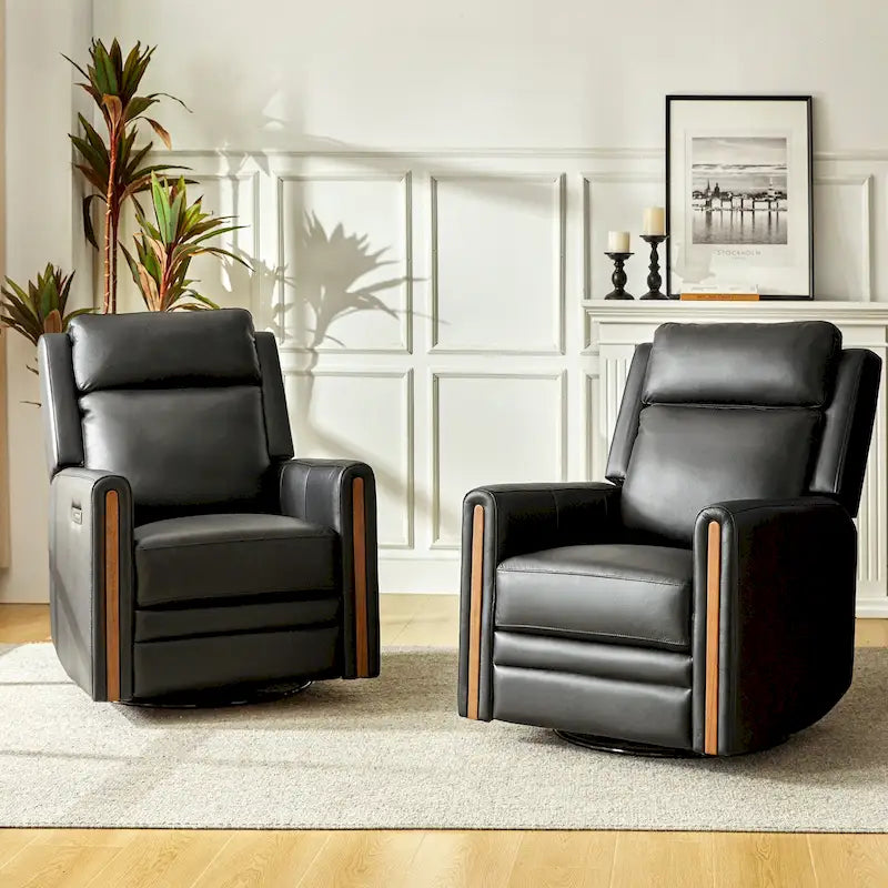 Fauteuil inclinable pivotant et basculant électrique Jaime Modern en cuir véritable avec appuie-tête et repose-pieds réglables