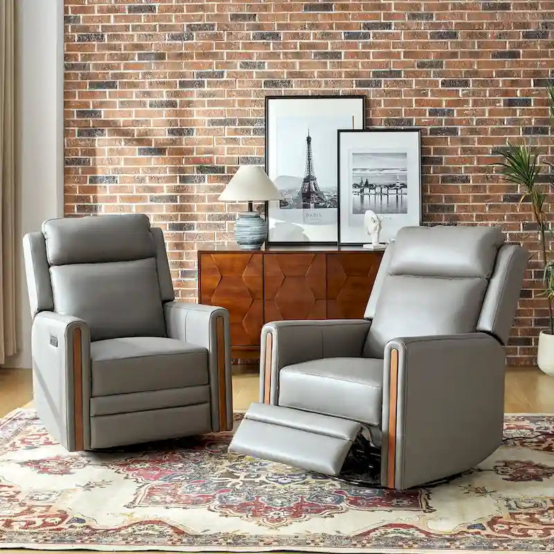 Jaime Modern Genuine Leather Power Rocking Swivel Recliner with Adjustable Headrest and Footrest Set of 2 by 
