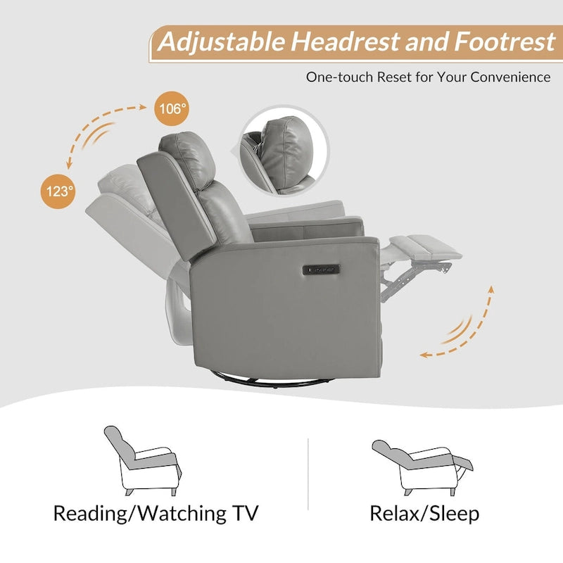 Fauteuil inclinable pivotant et basculant électrique Jaime Modern en cuir véritable avec appuie-tête et repose-pieds réglables
