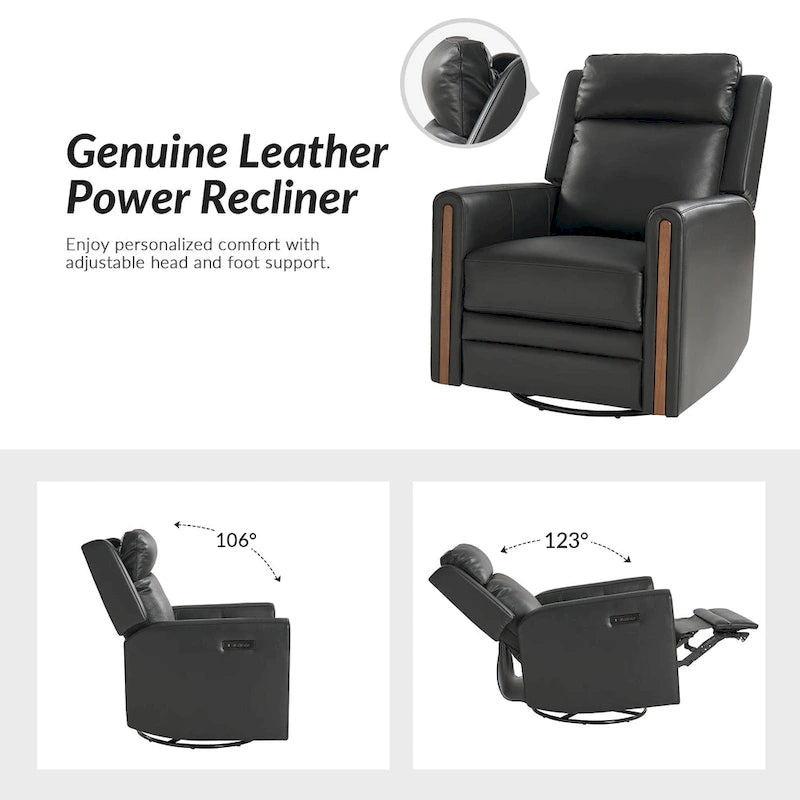 Fauteuil inclinable pivotant et basculant électrique Jaime Modern en cuir véritable avec appuie-tête et repose-pieds réglables