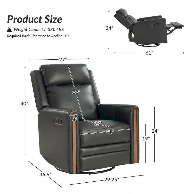 Fauteuil inclinable pivotant et basculant électrique Jaime Modern en cuir véritable avec appuie-tête et repose-pieds réglables