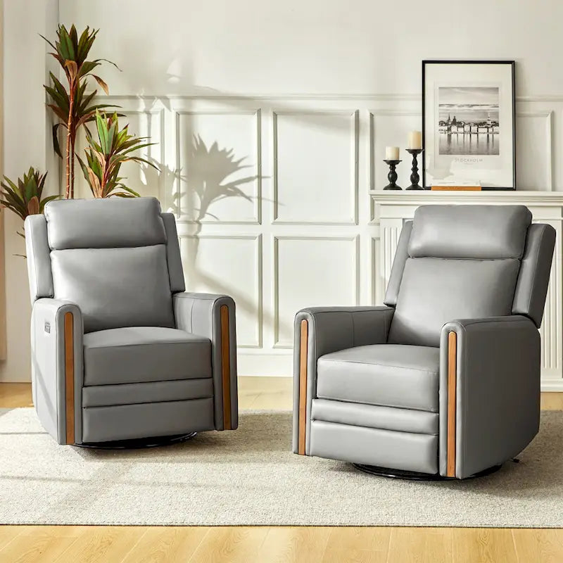Fauteuil inclinable pivotant et basculant électrique Jaime Modern en cuir véritable avec appuie-tête et repose-pieds réglables
