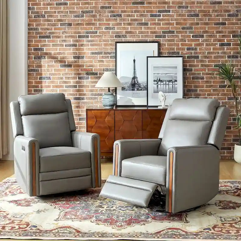 Fauteuil inclinable pivotant et basculant électrique Jaime Modern en cuir véritable avec appuie-tête et repose-pieds réglables
