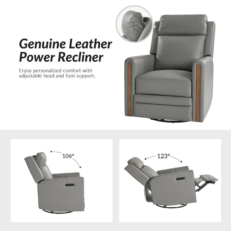 Fauteuil inclinable pivotant et basculant électrique Jaime Modern en cuir véritable avec appuie-tête et repose-pieds réglables