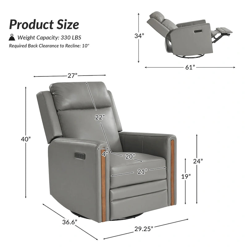 Fauteuil inclinable pivotant et basculant électrique Jaime Modern en cuir véritable avec appuie-tête et repose-pieds réglables