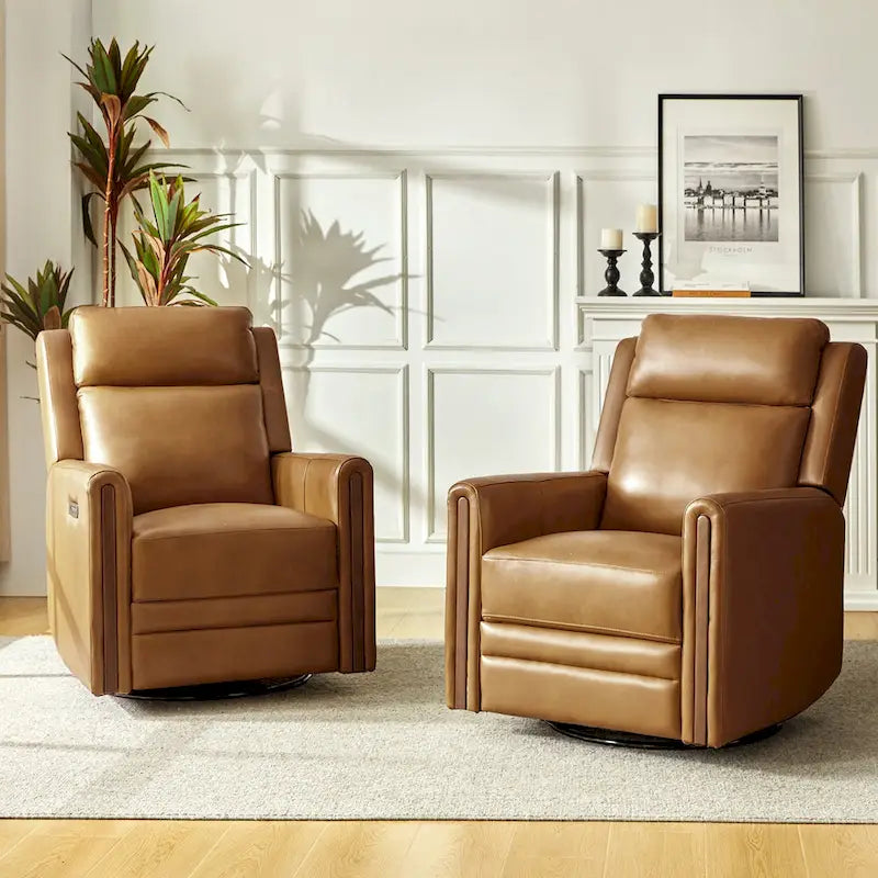 Fauteuil inclinable pivotant et basculant électrique Jaime Modern en cuir véritable avec appuie-tête et repose-pieds réglables