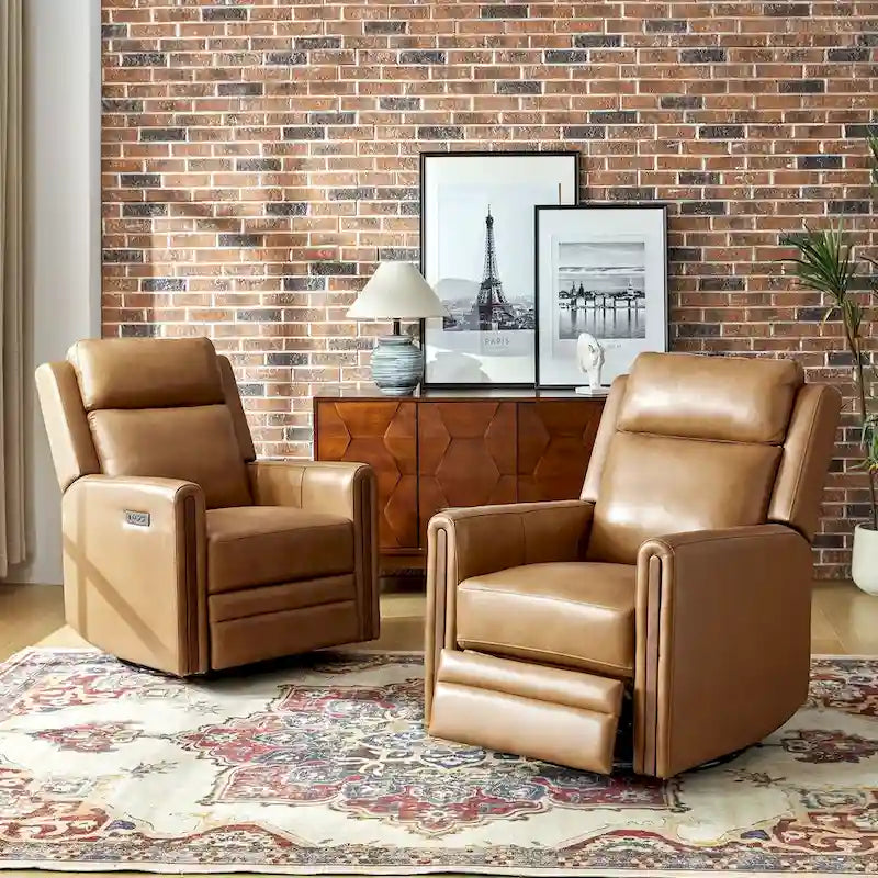 Fauteuil inclinable pivotant et basculant électrique Jaime Modern en cuir véritable avec appuie-tête et repose-pieds réglables