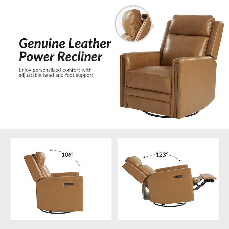 Fauteuil inclinable pivotant et basculant électrique Jaime Modern en cuir véritable avec appuie-tête et repose-pieds réglables