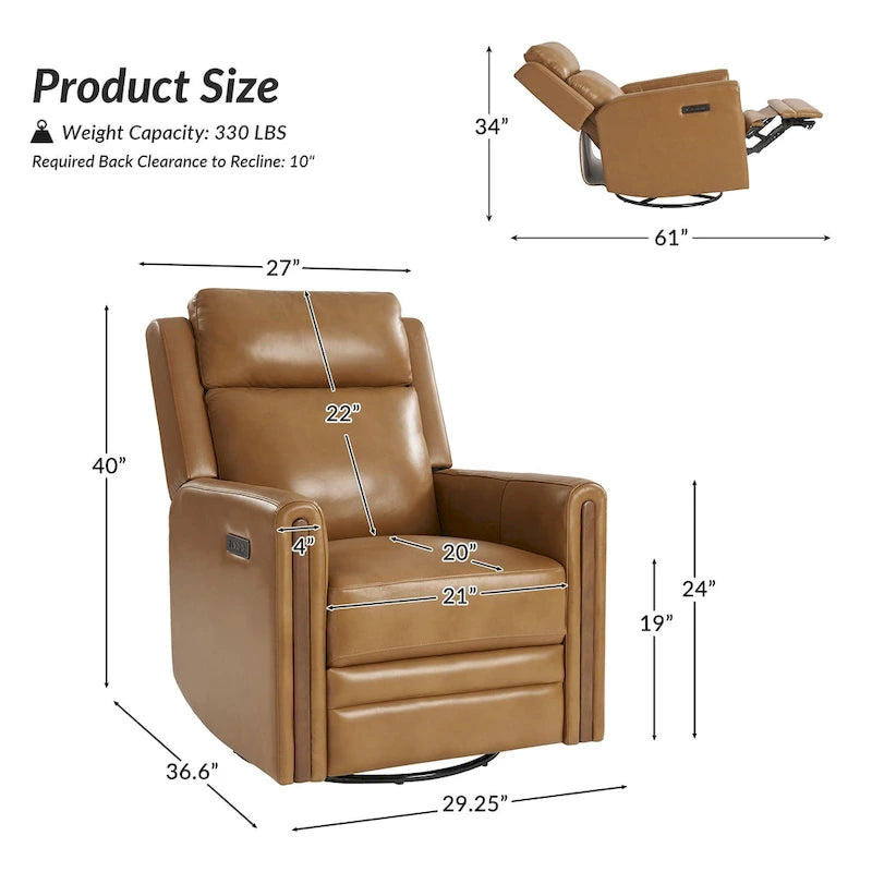 Fauteuil inclinable pivotant et basculant électrique Jaime Modern en cuir véritable avec appuie-tête et repose-pieds réglables