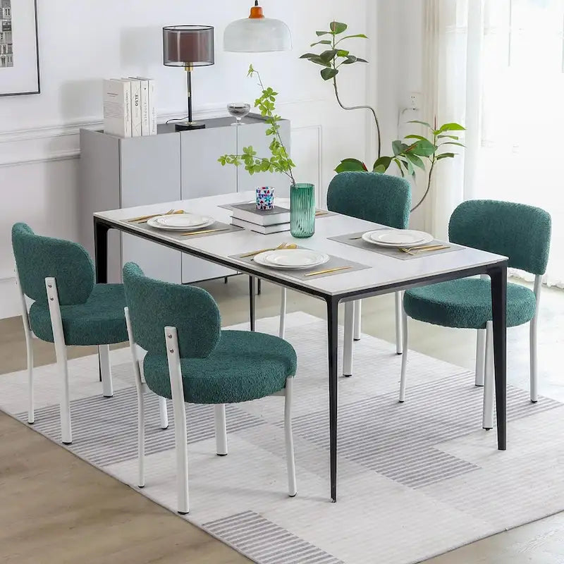 Chaises de salle à manger modernes en bouclette rembourrées avec pieds en métal blanc