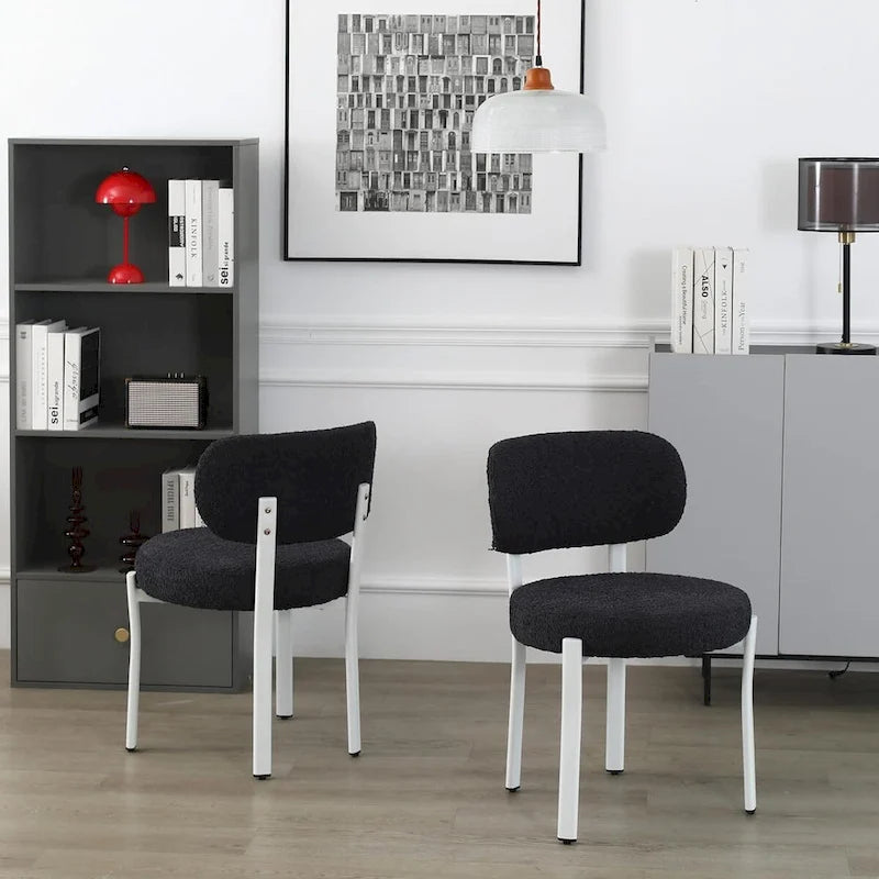 Chaises de salle à manger modernes en bouclette rembourrées avec pieds en métal blanc