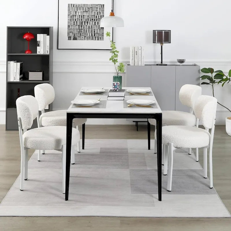 Chaises de salle à manger modernes en bouclette rembourrées avec pieds en métal blanc