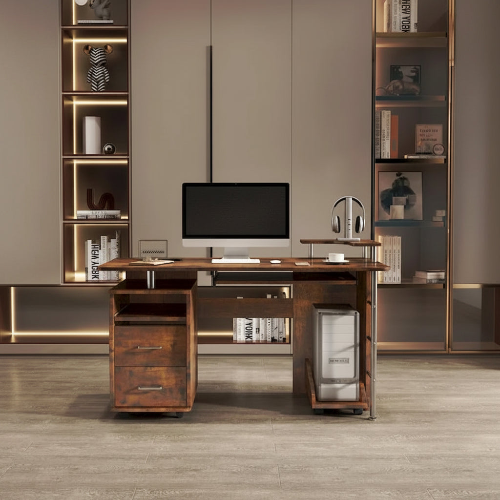 solid wood computer Desk,office table with PC droller,storage shelves and file cabinet,two drawers,CPU tray,a shelf